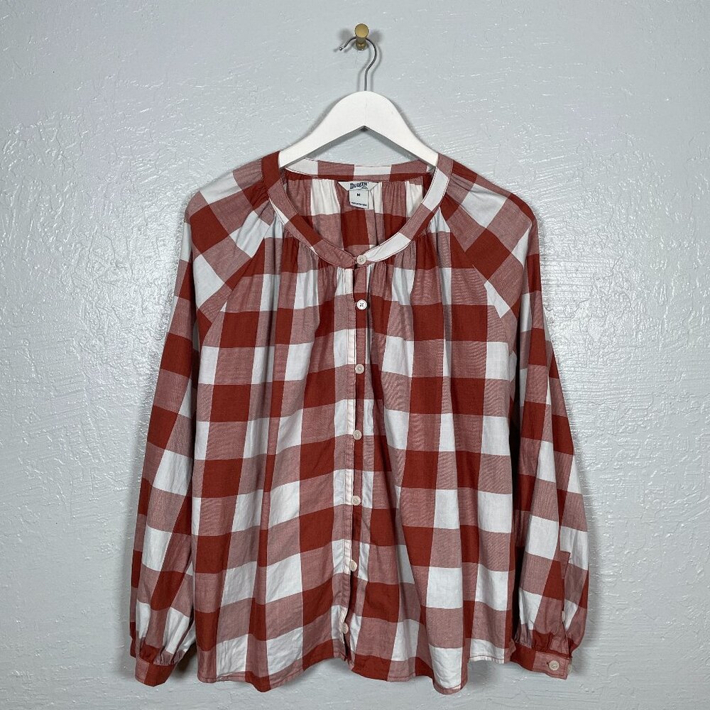 Duluth Trading Women M Orange White Gingham Printmaker Lightweight Shirt Cotton